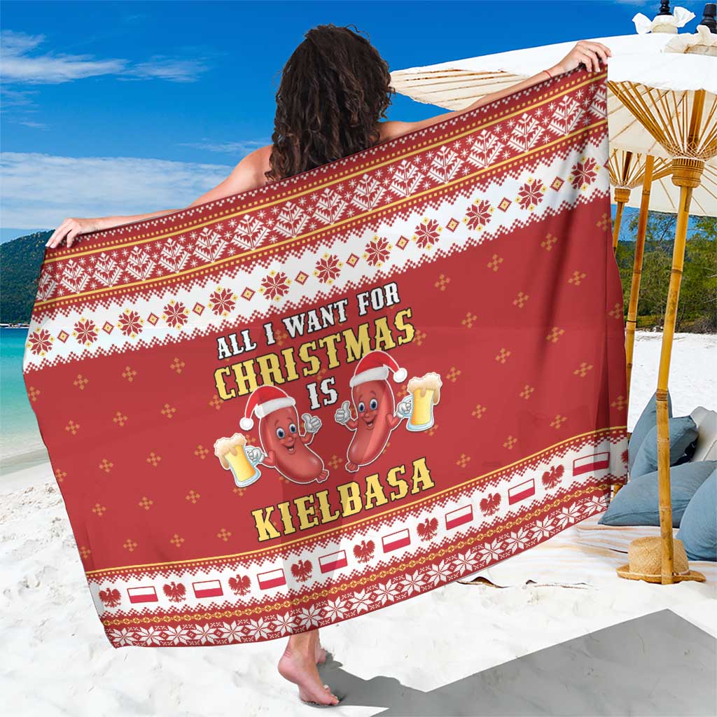Red Christmas sarong with kielbasa cartoon and festive white pattern border