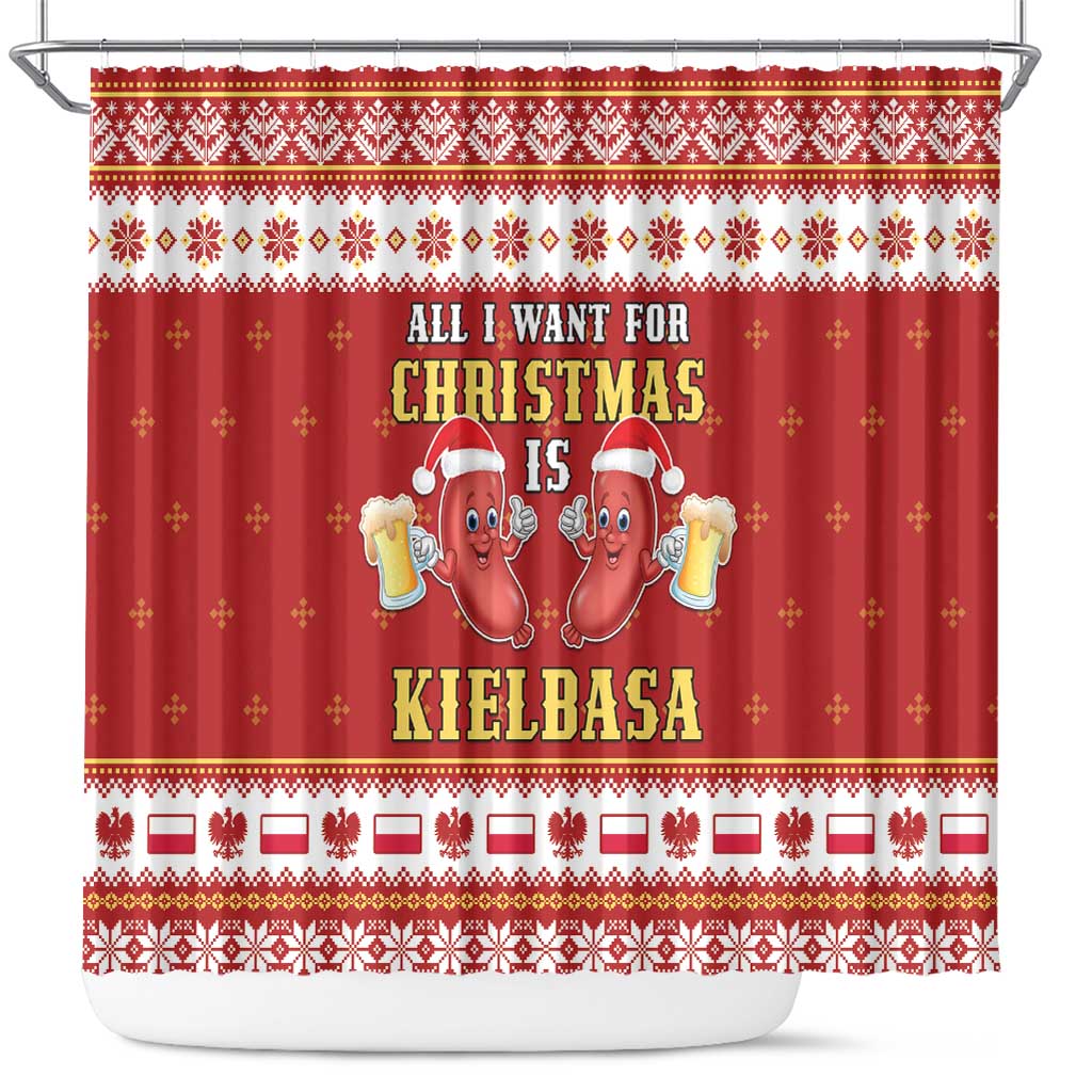 Red Christmas shower curtain with holiday pattern and cartoon kielbasa sausages on rod