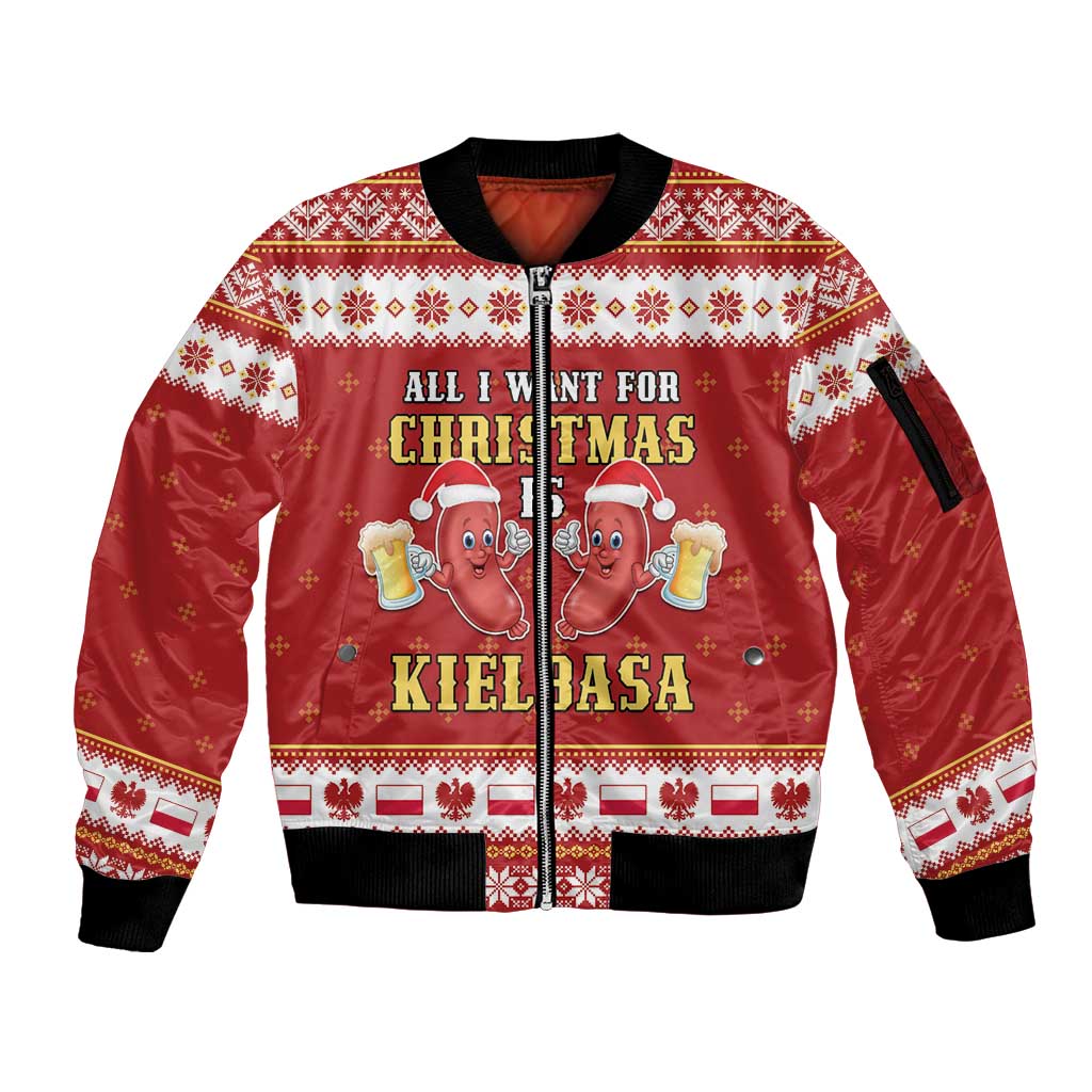 Red unisex zip bomber jacket with black ribbed collar and festive Kielbasa graphic