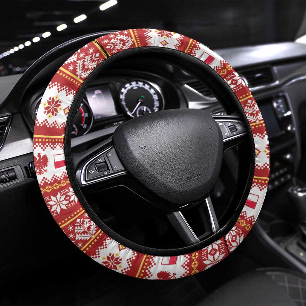 Red Christmas steering wheel cover with black rim, folk pattern and white trim