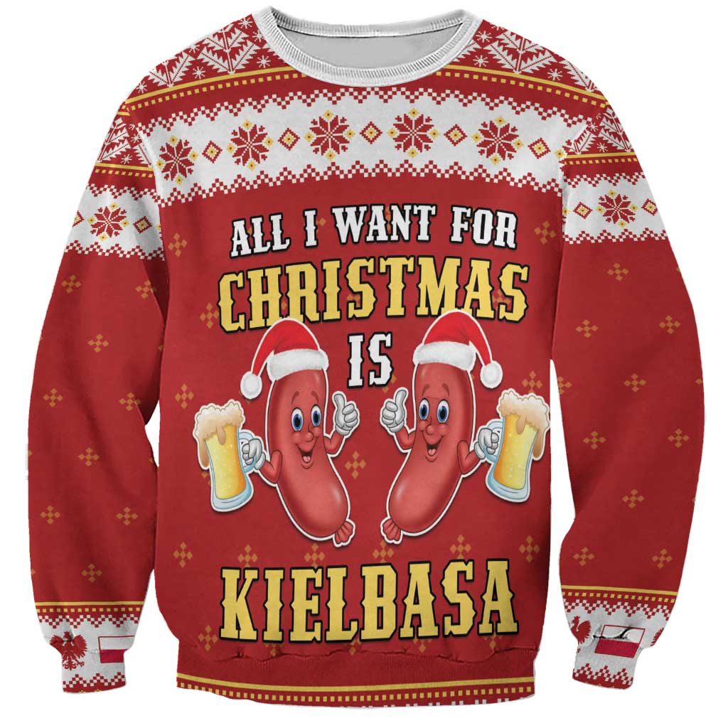Red unisex crewneck sweatshirt with front graphic: cartoon Christmas sausages in Santa hats, “Kielbasa”.
