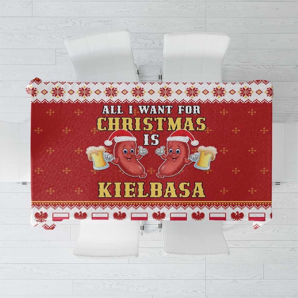 Red holiday tablecloth with “CHRISTMAS” text, kielbasa cartoon icons, white border