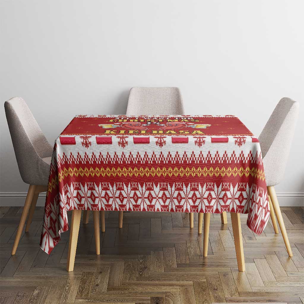 Red holiday tablecloth with central geometric pattern and white border