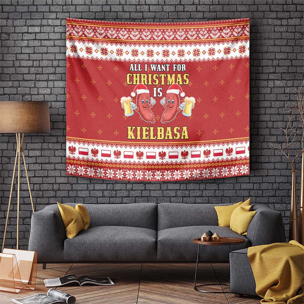 Red Christmas tapestry with “All I Want for Christmas Is Kielbasa” sausage graphic