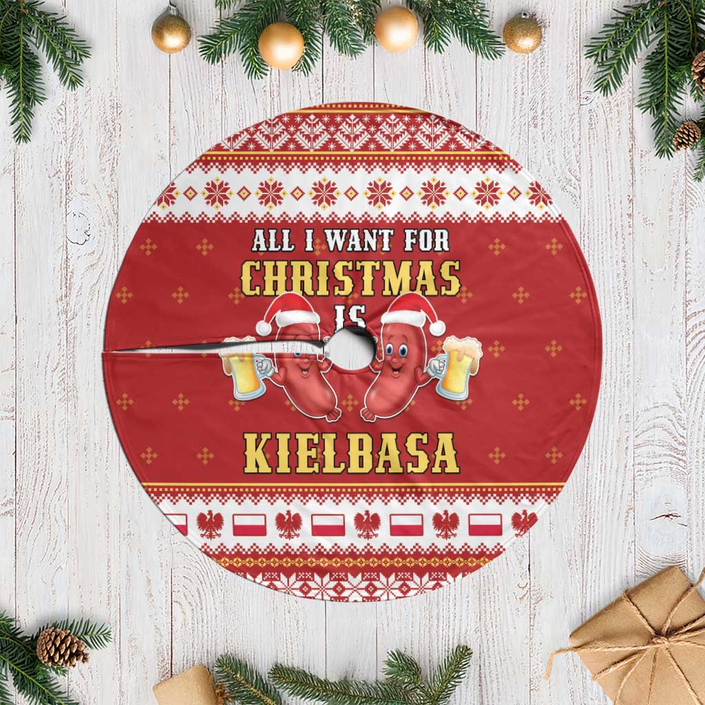 Red round Christmas tree skirt with patterned “All I Want for Christmas is Kielbasa” text and fringe edge