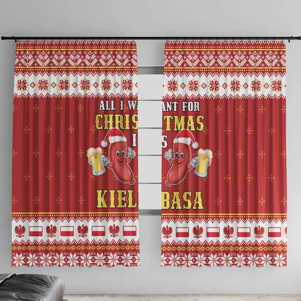 Red holiday window curtain panel with festive patterns and “KIELBASA” text