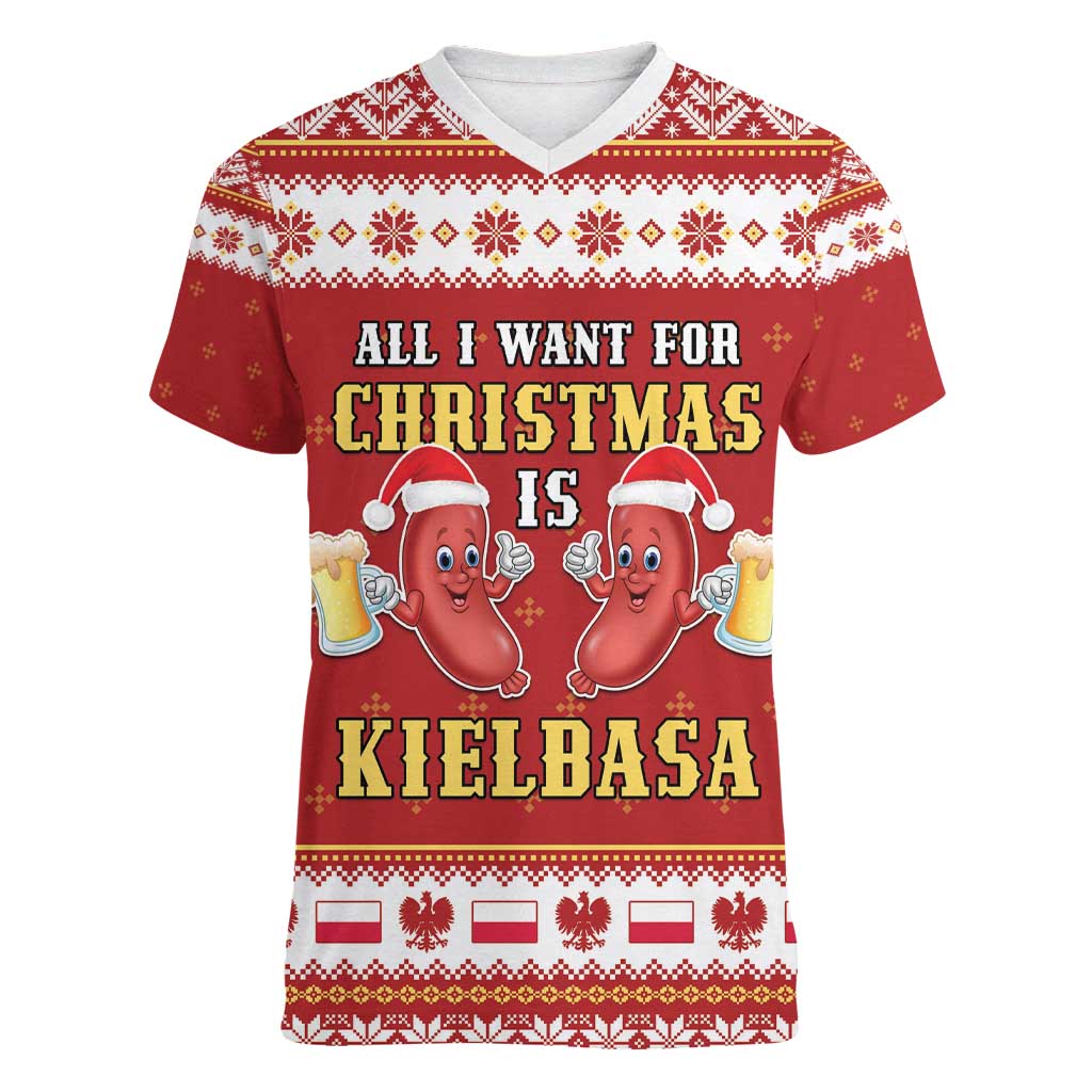 Poland Christmas Women V-Neck T-Shirt All I Want For Xmas Is Kielbasa LT05 - Wonder Print Shop