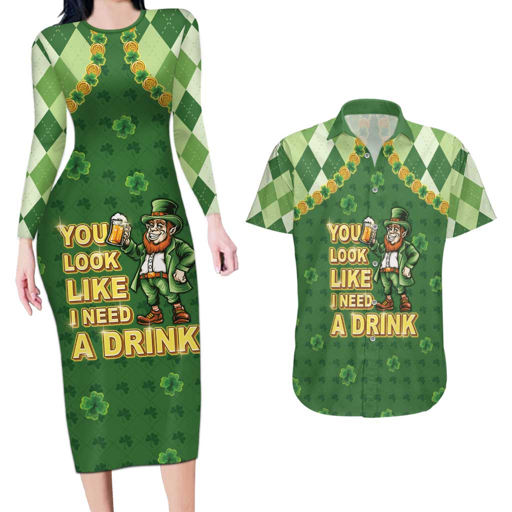 Happy St Patrick's Day Couples Matching Long Sleeve Bodycon Dress and Hawaiian Shirt Leprechaun With Beer