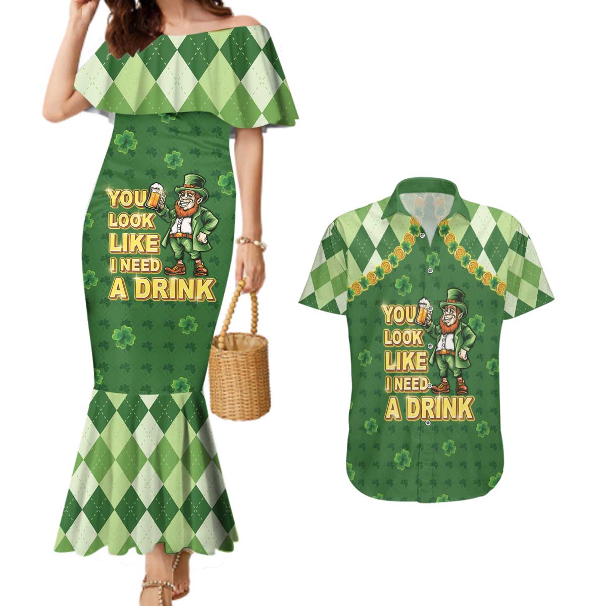 Happy St Patrick's Day Couples Matching Mermaid Dress and Hawaiian Shirt Leprechaun With Beer