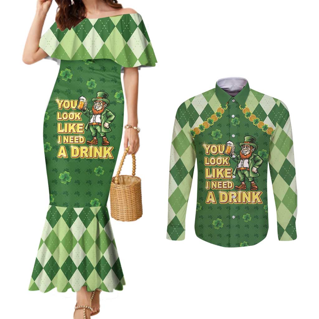 Happy St Patrick's Day Couples Matching Mermaid Dress and Long Sleeve Button Shirt Leprechaun With Beer