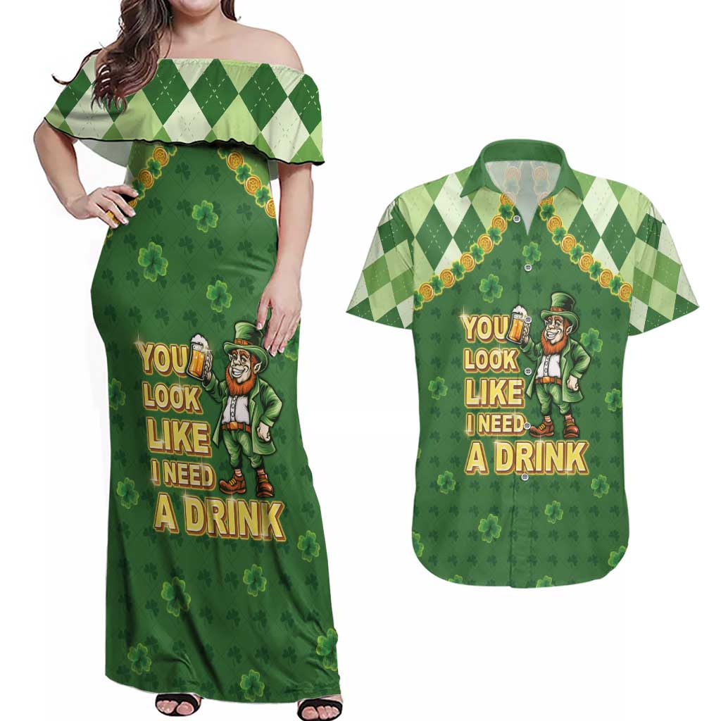 Happy St Patrick's Day Couples Matching Off Shoulder Maxi Dress and Hawaiian Shirt Leprechaun With Beer