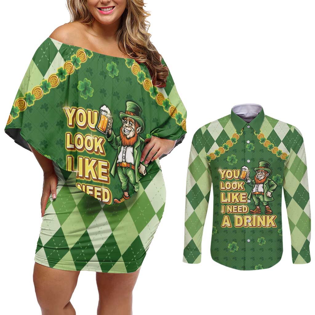 Happy St Patrick's Day Couples Matching Off Shoulder Short Dress and Long Sleeve Button Shirt Leprechaun With Beer