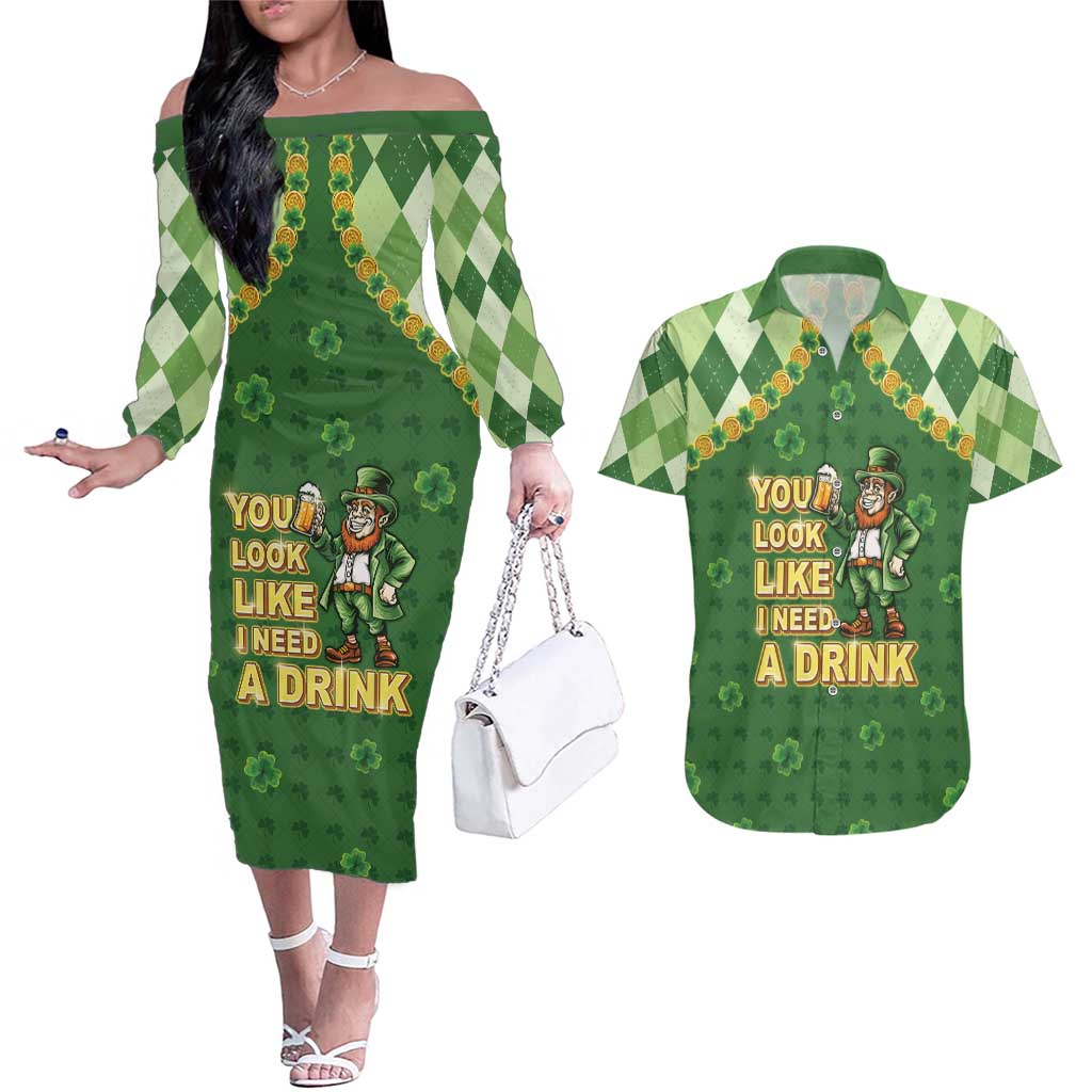 Happy St Patrick's Day Couples Matching Off The Shoulder Long Sleeve Dress and Hawaiian Shirt Leprechaun With Beer