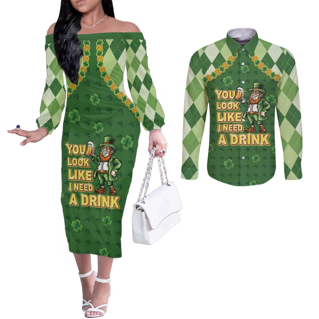 Happy St Patrick's Day Couples Matching Off The Shoulder Long Sleeve Dress and Long Sleeve Button Shirt Leprechaun With Beer