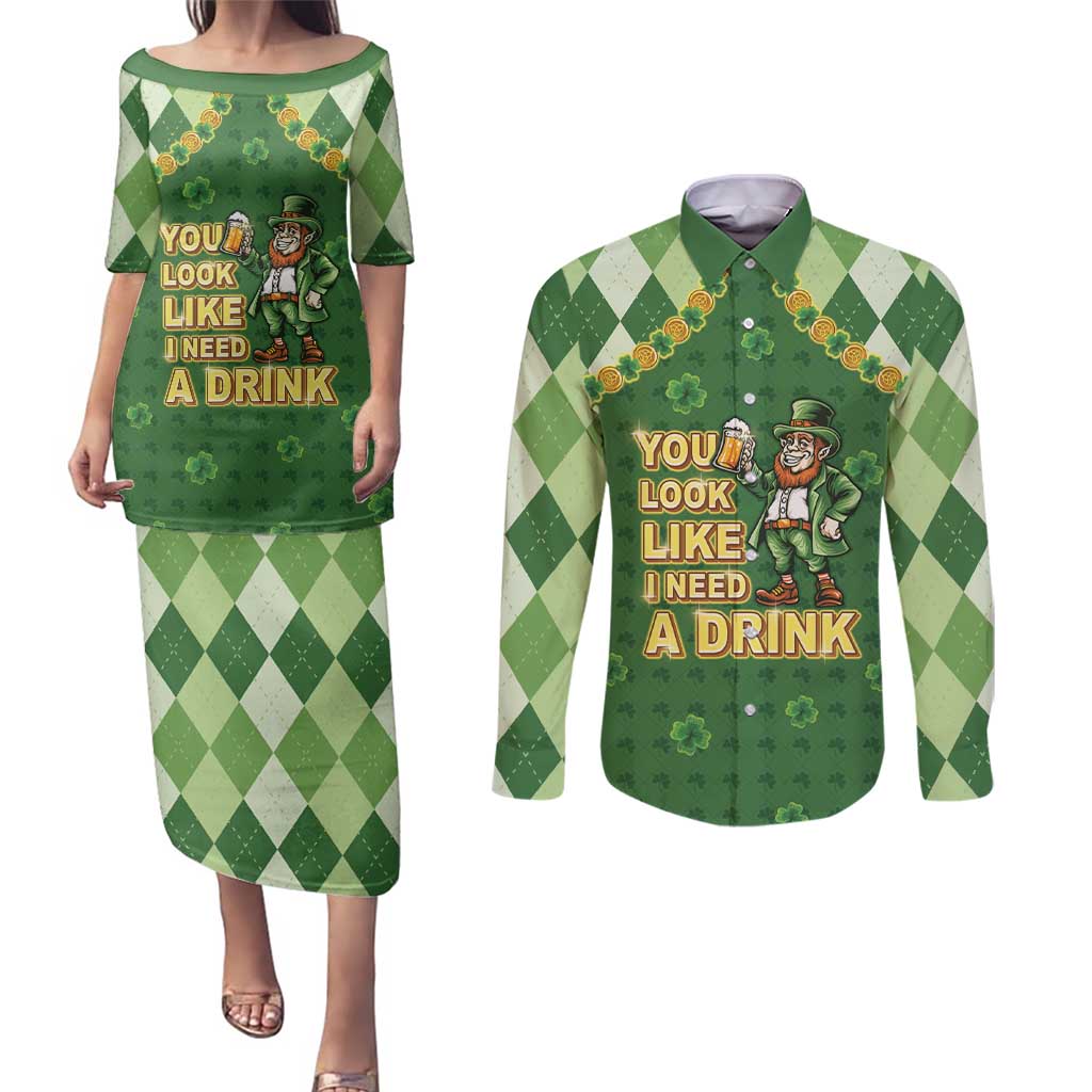 Happy St Patrick's Day Couples Matching Puletasi and Long Sleeve Button Shirt Leprechaun With Beer