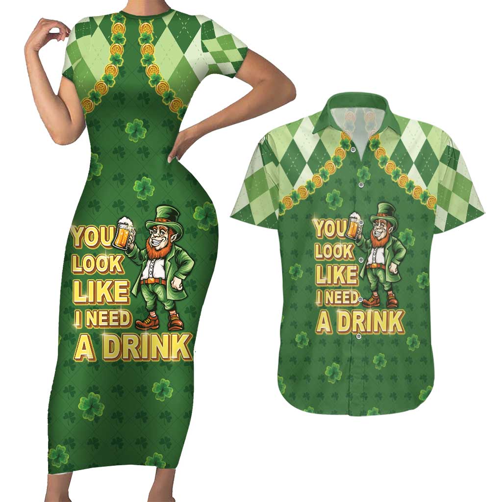 Happy St Patrick's Day Couples Matching Short Sleeve Bodycon Dress and Hawaiian Shirt Leprechaun With Beer