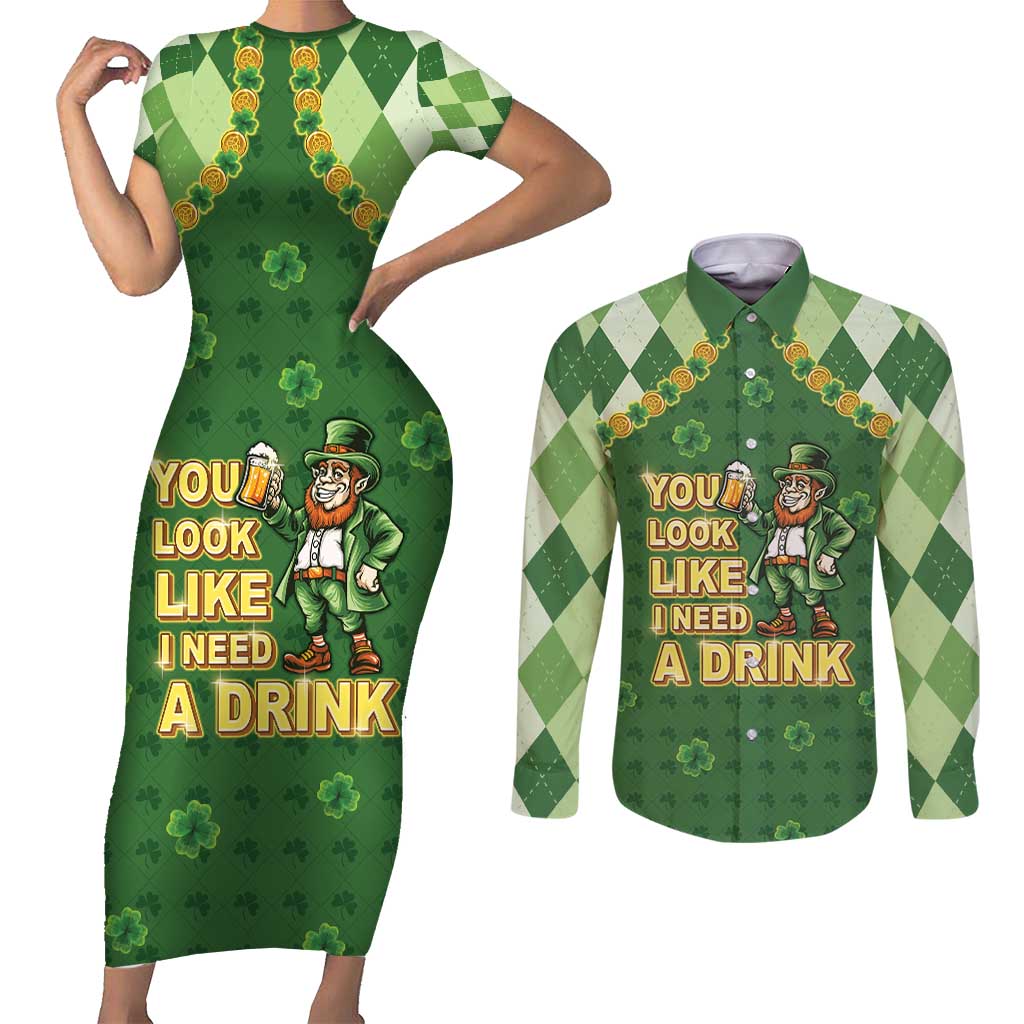 Happy St Patrick's Day Couples Matching Short Sleeve Bodycon Dress and Long Sleeve Button Shirt Leprechaun With Beer