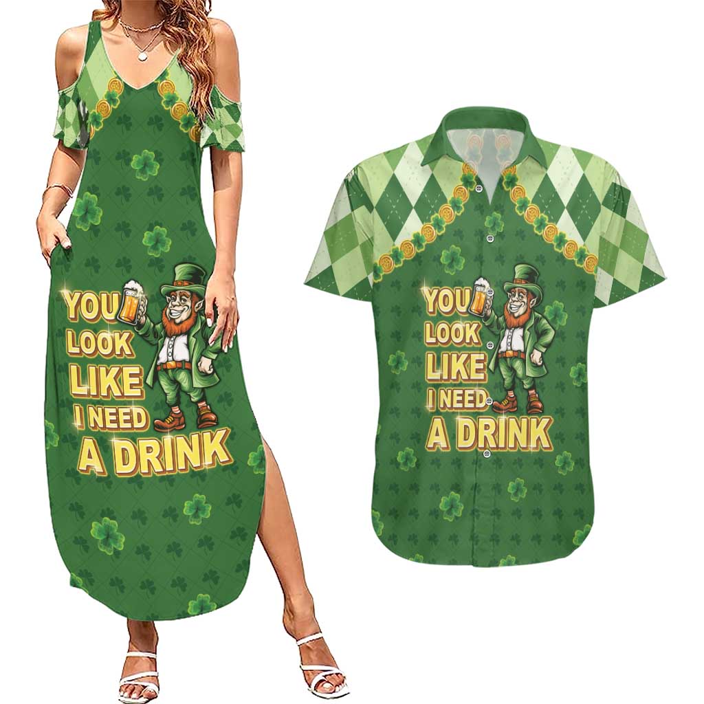 Happy St Patrick's Day Couples Matching Summer Maxi Dress and Hawaiian Shirt Leprechaun With Beer