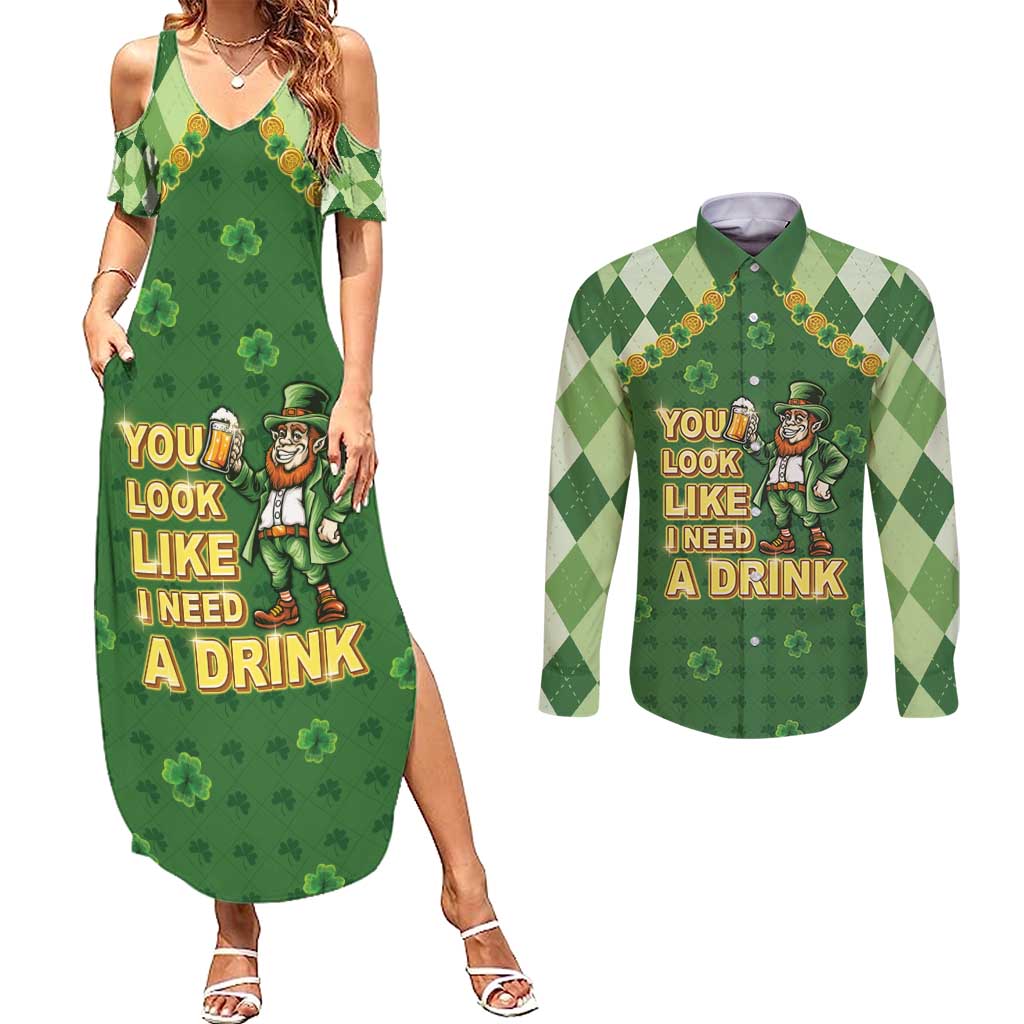 Happy St Patrick's Day Couples Matching Summer Maxi Dress and Long Sleeve Button Shirt Leprechaun With Beer