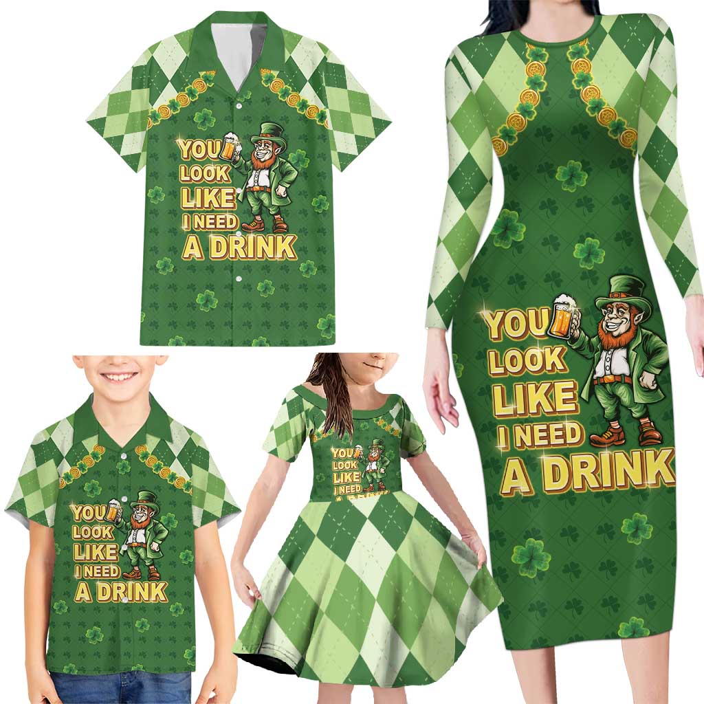 Happy St Patrick's Day Family Matching Long Sleeve Bodycon Dress and Hawaiian Shirt Leprechaun With Beer