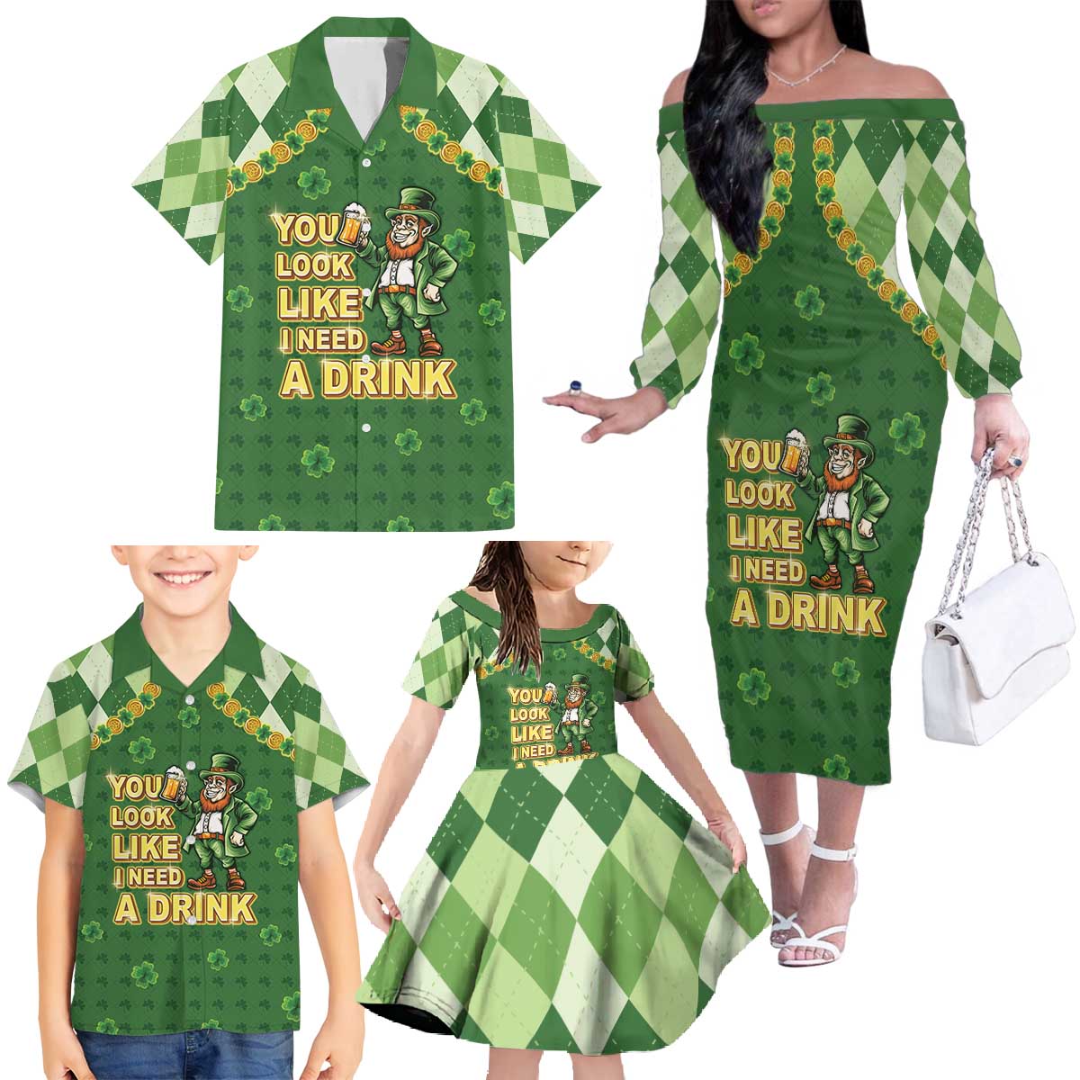 Happy St Patrick's Day Family Matching Off The Shoulder Long Sleeve Dress and Hawaiian Shirt Leprechaun With Beer