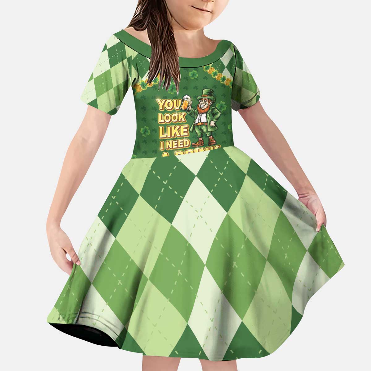 Happy St Patrick's Day Kid Short Sleeve Dress Leprechaun With Beer