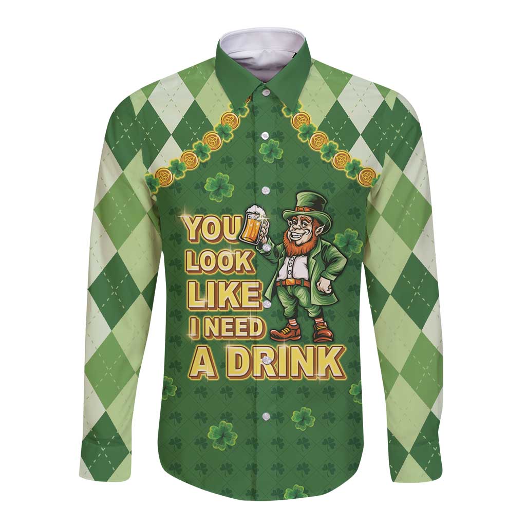 Happy St Patrick's Day Long Sleeve Button Shirt Leprechaun With Beer