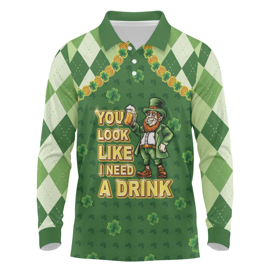 Happy St Patrick's Day Long Sleeve Polo Shirt Leprechaun With Beer