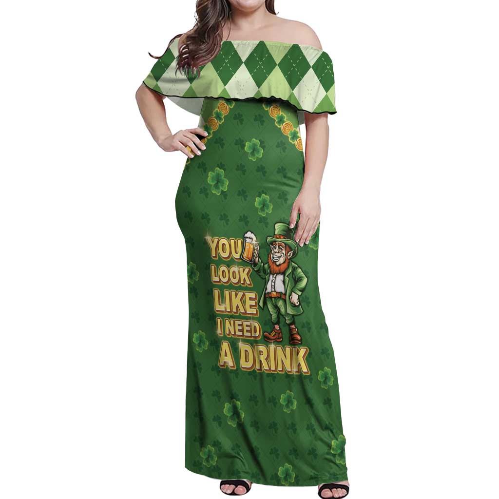 Happy St Patrick's Day Off Shoulder Maxi Dress Leprechaun With Beer