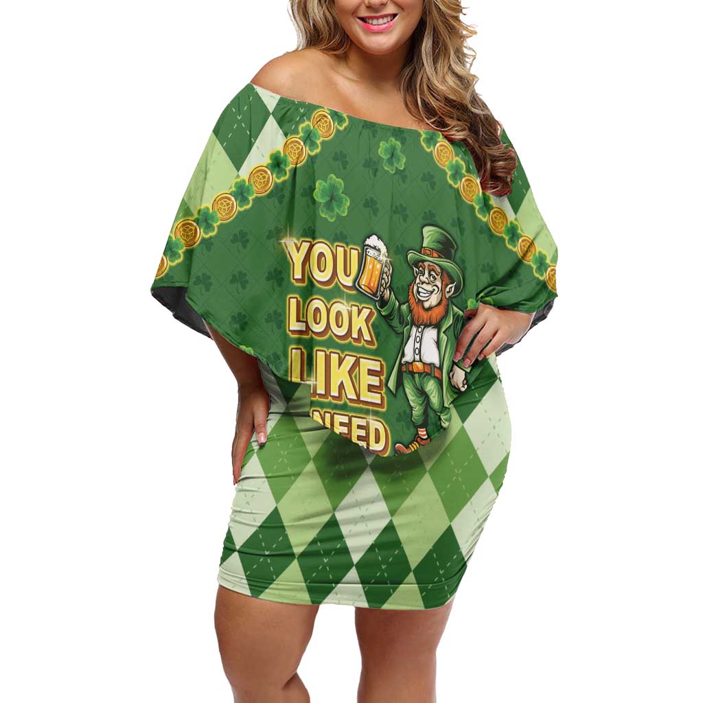 Happy St Patrick's Day Off Shoulder Short Dress Leprechaun With Beer