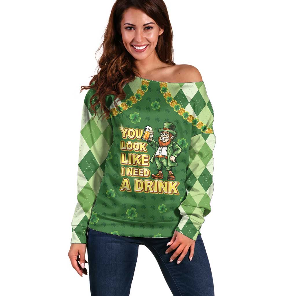 Happy St Patrick's Day Off Shoulder Sweater Leprechaun With Beer