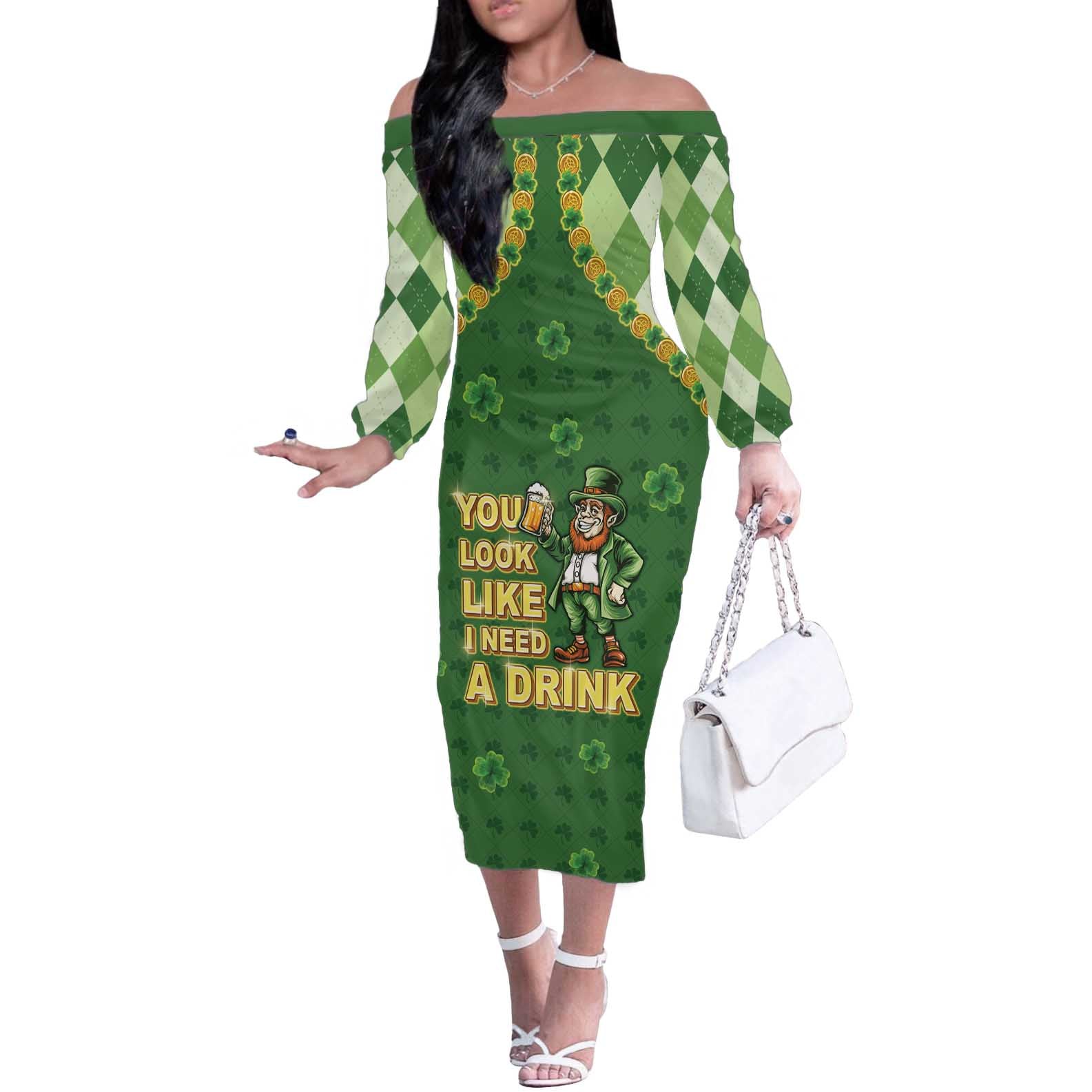 Happy St Patrick's Day Off The Shoulder Long Sleeve Dress Leprechaun With Beer