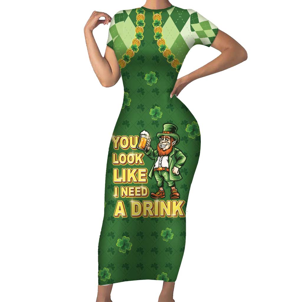 Happy St Patrick's Day Short Sleeve Bodycon Dress Leprechaun With Beer