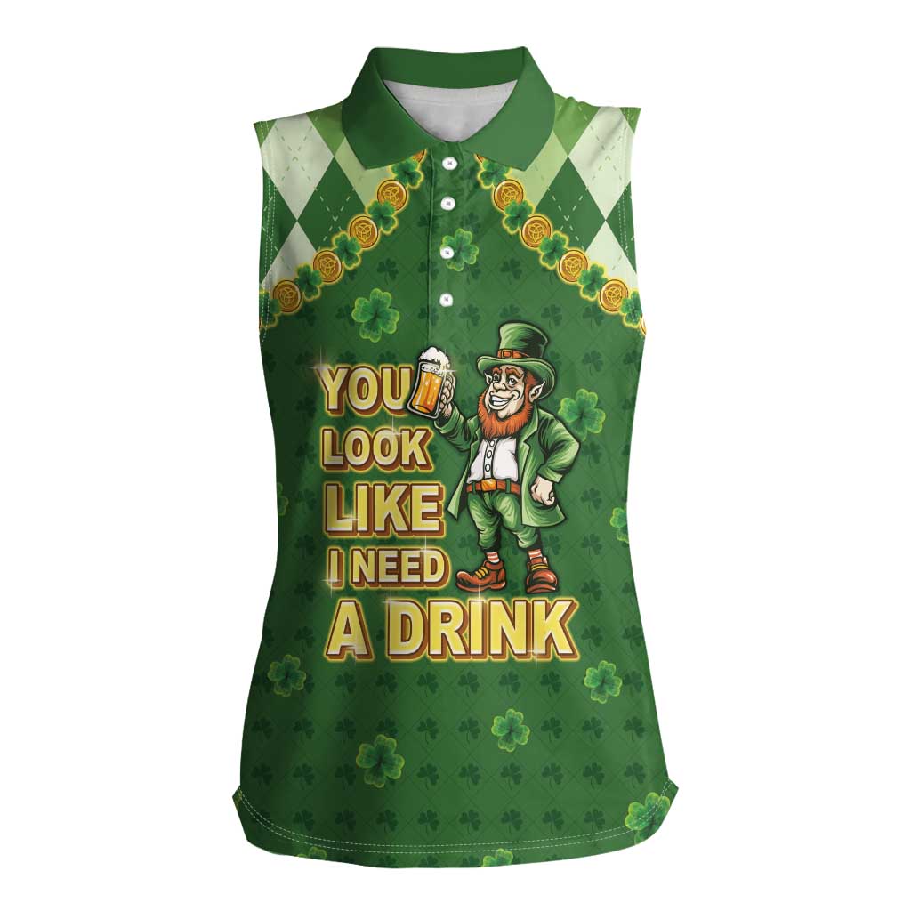 Happy St Patrick's Day Women Sleeveless Polo Shirt Leprechaun With Beer