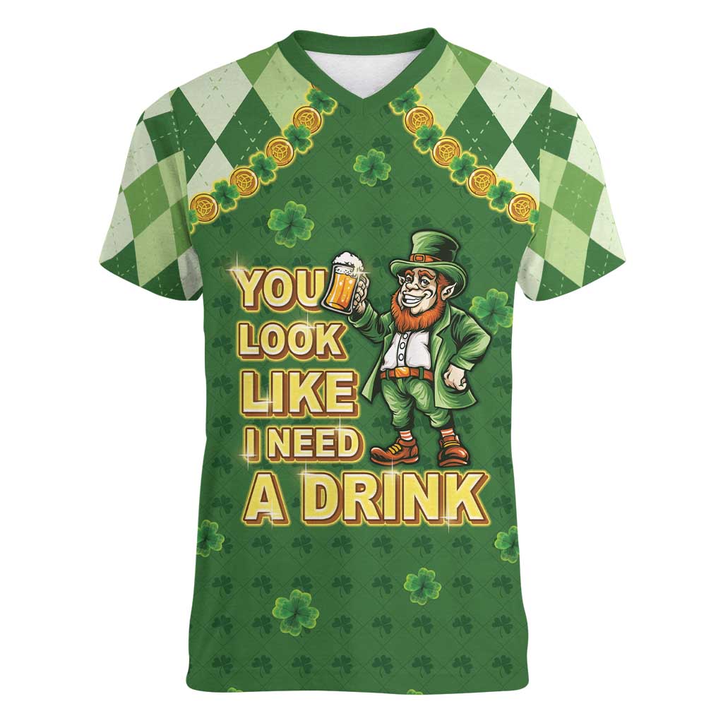 Happy St Patrick's Day Women V-Neck T-Shirt Leprechaun With Beer