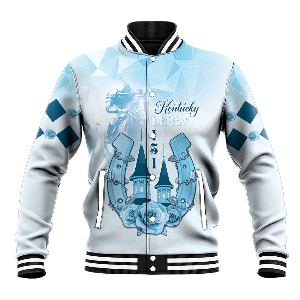 Blue and light gray baseball jacket with striped collar, snap front, and Kentucky Derby graphic