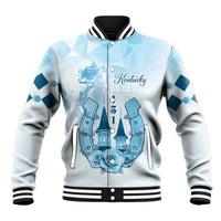 Blue and light gray baseball jacket with striped collar, snap front, and Kentucky Derby graphic