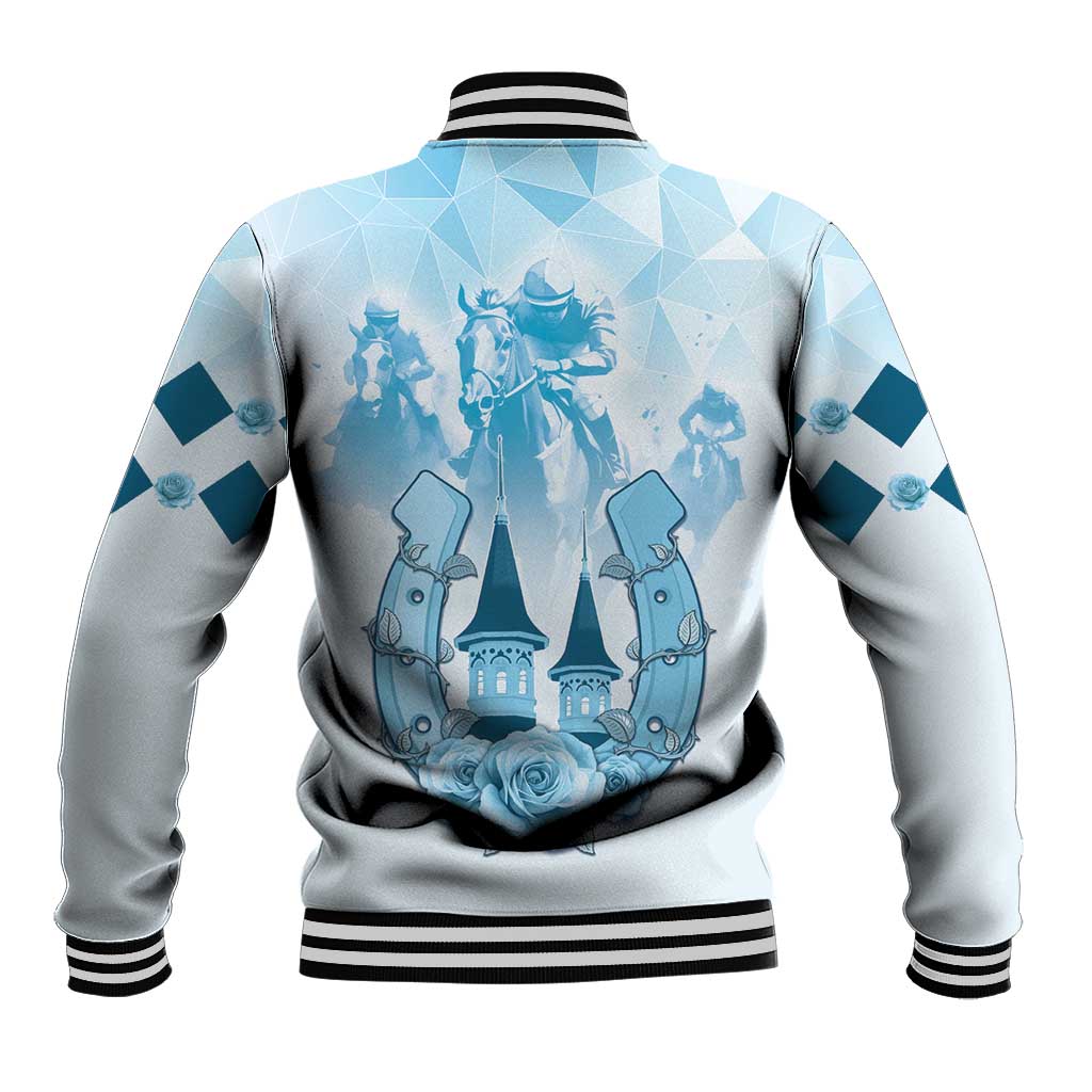 Back of blue baseball jacket with striped hem and large Kentucky Derby scene graphic