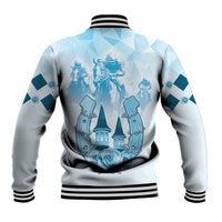 Back of blue baseball jacket with striped hem and large Kentucky Derby scene graphic