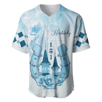 Light blue baseball jersey with V-neck button front and Kentucky Derby graphic