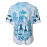 Light blue baseball jersey back with checker trim sleeves and racehorse emblem