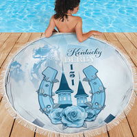 Blue round beach blanket with fringe edge and Kentucky Derby horse art