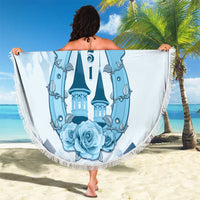 Blue round beach blanket with fringe edge and Kentucky Derby shield graphic