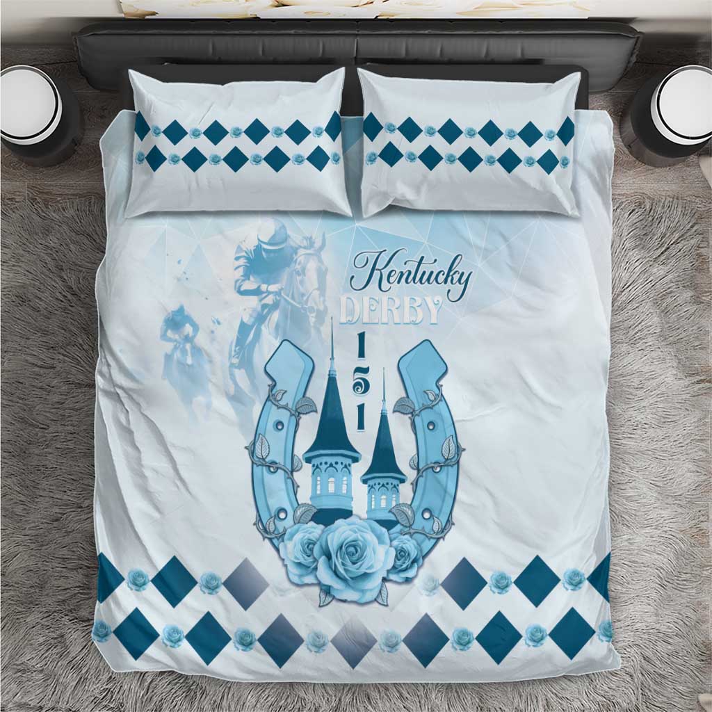 Blue and white duvet cover with Kentucky Derby crest and matching diamond-pattern pillowcases