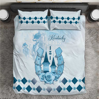 Blue and white duvet cover with Kentucky Derby crest and matching diamond-pattern pillowcases