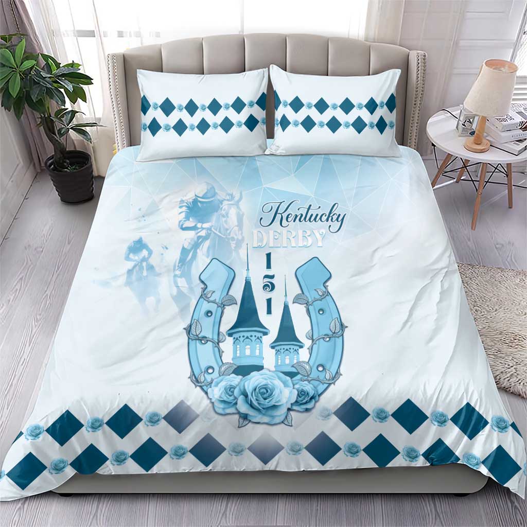 Blue and white bedding set featuring Kentucky Derby print and diamond pattern pillowcases