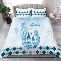 Blue and white bedding set featuring Kentucky Derby print and diamond pattern pillowcases
