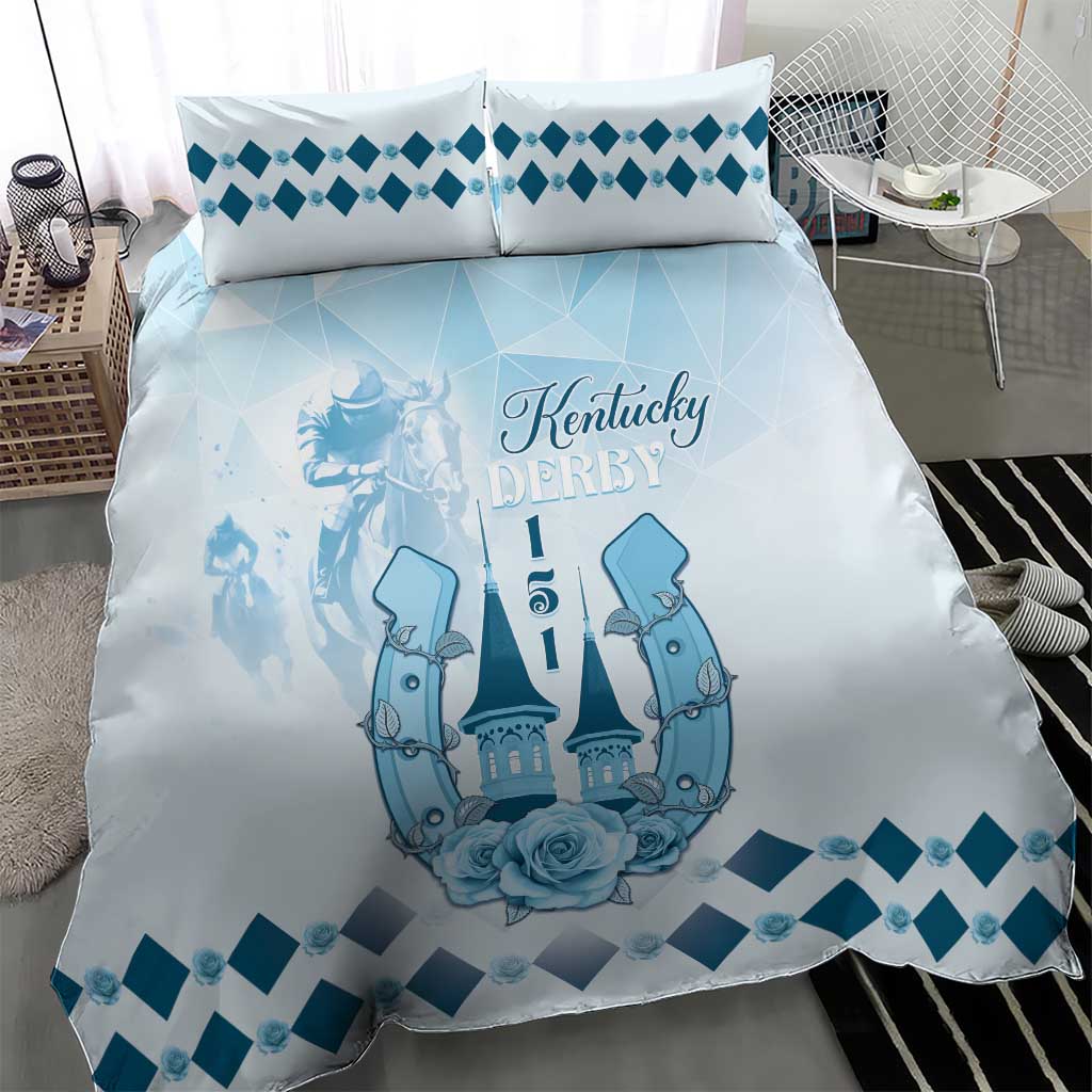 Blue and white duvet with Kentucky Derby artwork and diamond border, paired with two pillows
