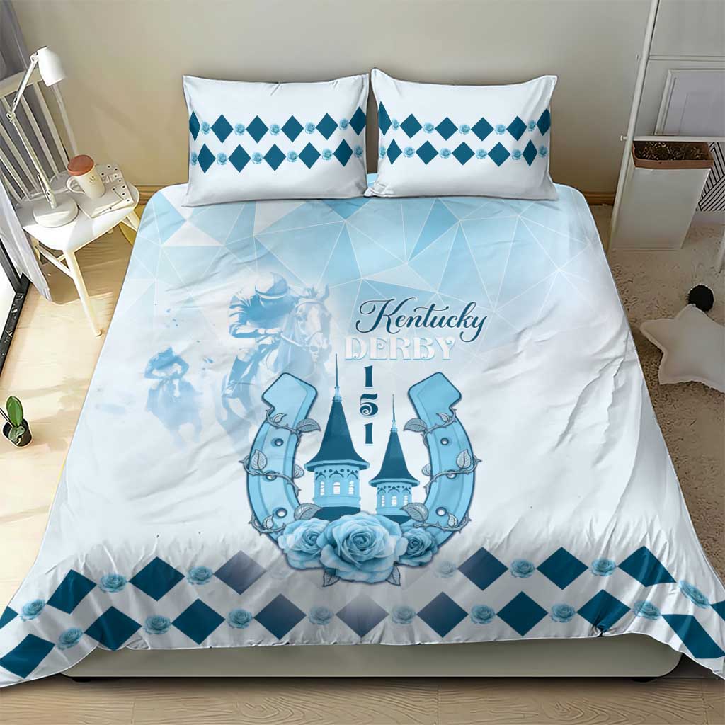 Blue and white duvet bedding set with Kentucky Derby central graphic and diamond trim