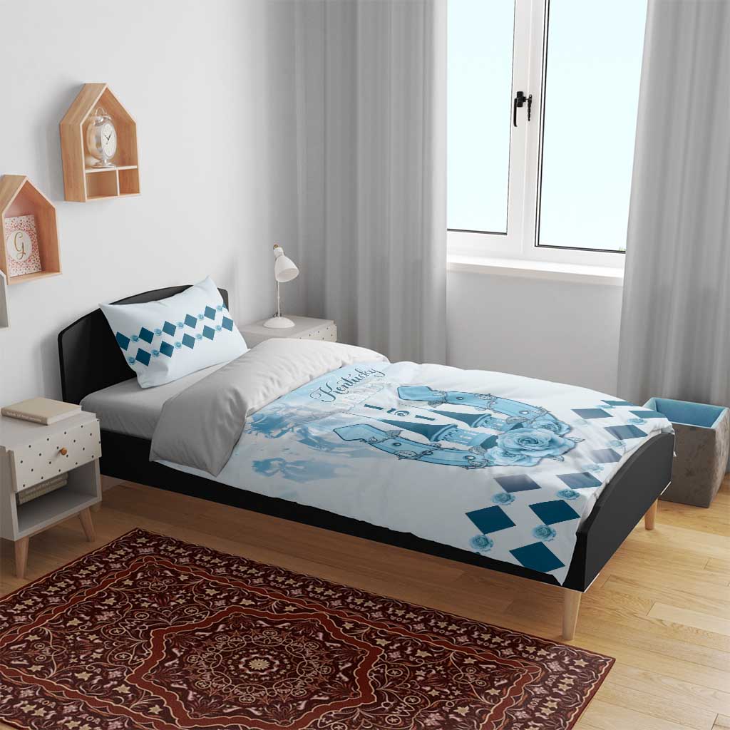 Blue and white duvet bedding set with Kentucky Derby print and matching pillowcases